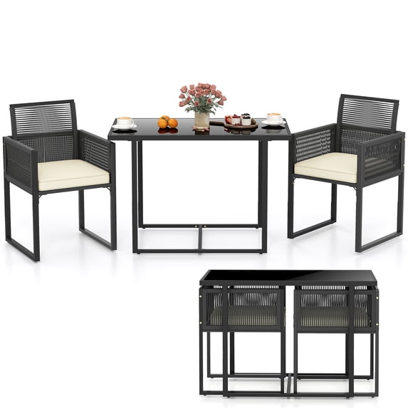 Gymax 3PCS Patio PE Wicker Furniture Set Cushioned Chairs w/Folding Backrest Backyard