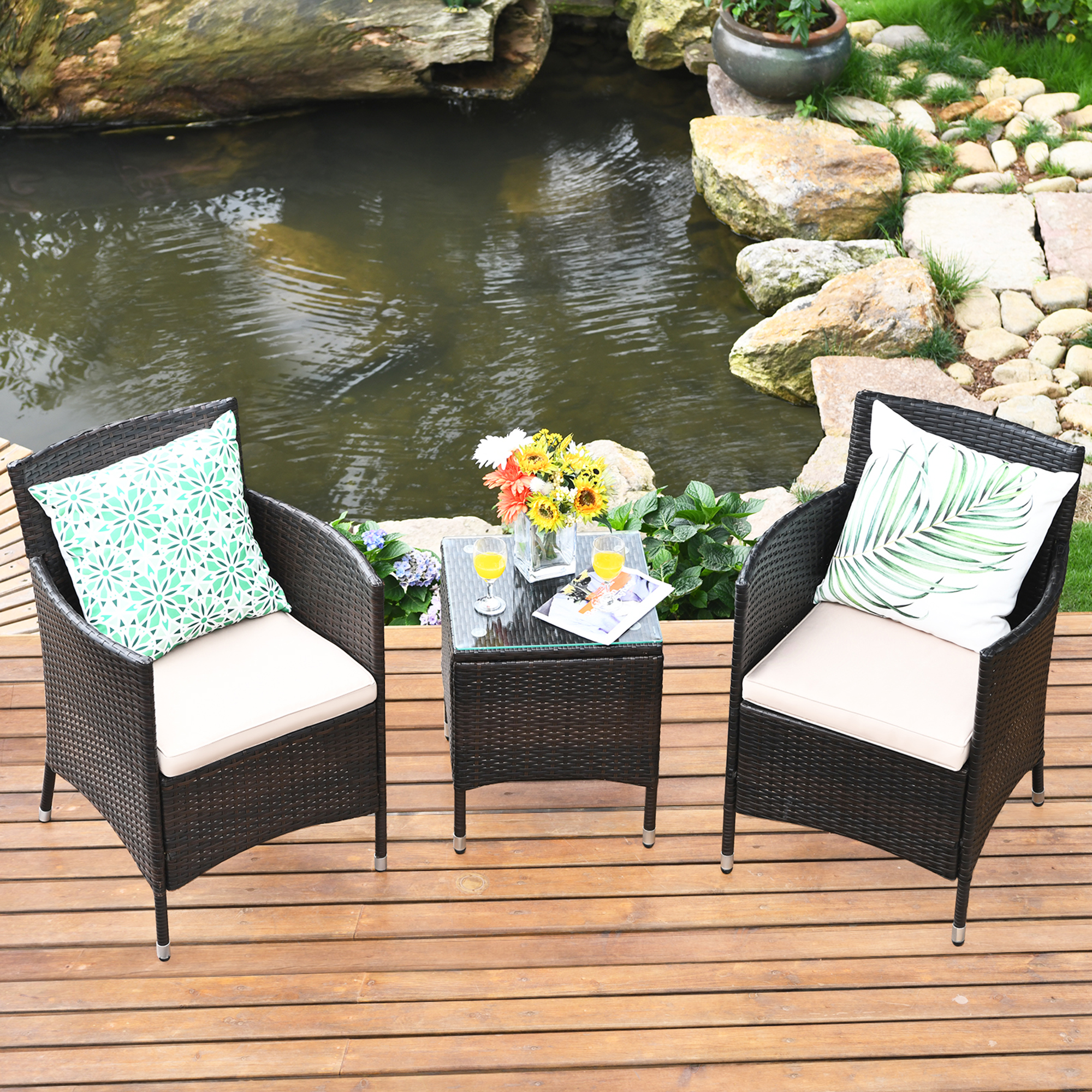 Gymax 3PCS Patio Rattan Chair & Table Furniture Set Outdoor w/ Beige Cushion - image 1 of 10