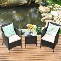Gymax 3PCS Patio Rattan Chair & Table Furniture Set Outdoor w/ Beige Cushion