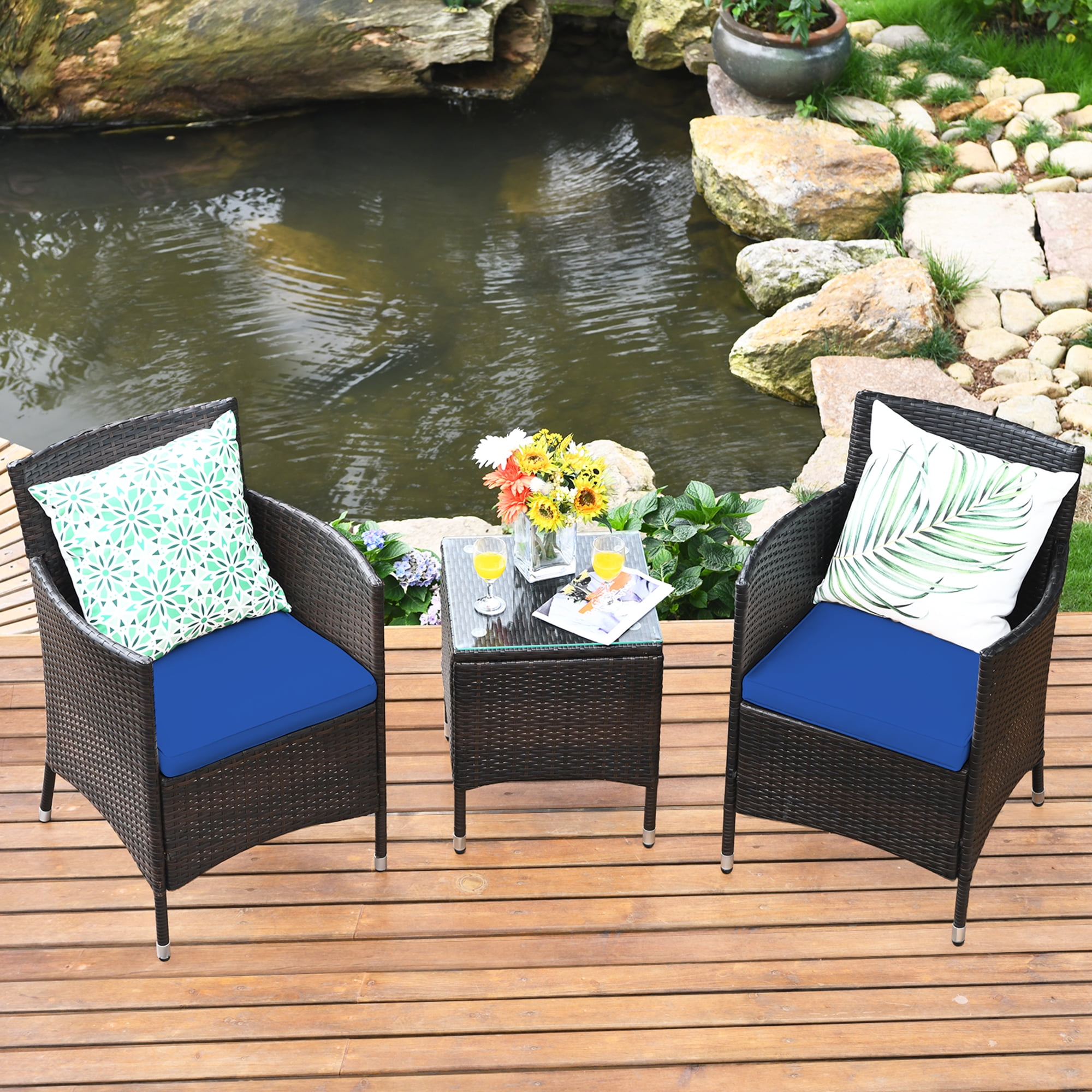 Gymax 3PCS Patio Rattan Chair Table Furniture Set Outdoor w