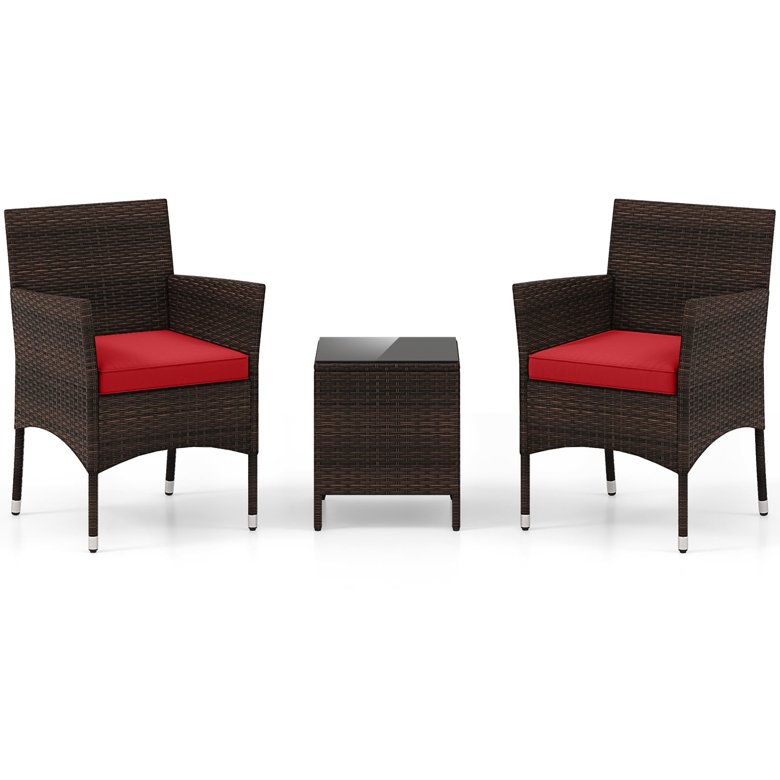 Gymax 3PCS Patio Rattan Chair & Table Furniture Set Outdoor w/ Red Cushion