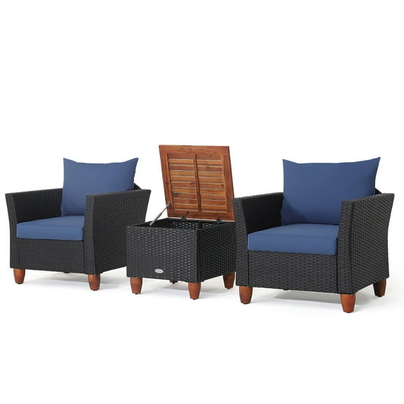 Gymax 3PCS Patio Rattan Conversation Set Outdoor Furniture Set w/ Navy Cushions