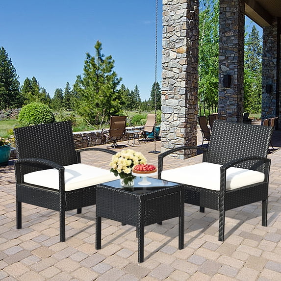 Gymax 3PCS Patio Rattan Furniture Set Conversation Sofa Cushioned Coffee Table Garden