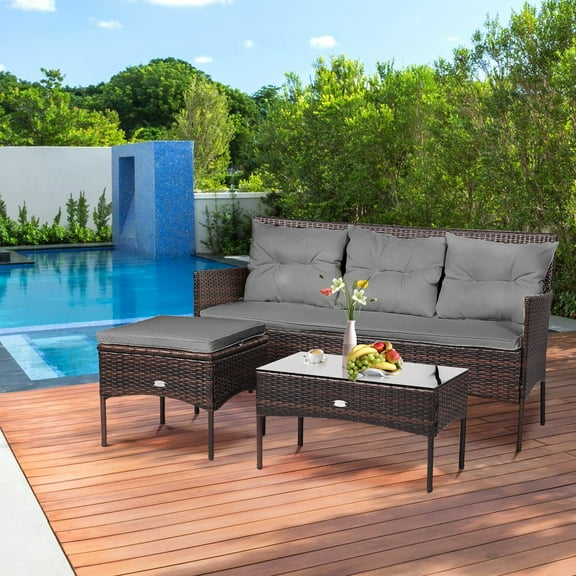 Gymax 3PCS Patio Rattan Sectional Conversation Furniture Set w/ Grey Cushions