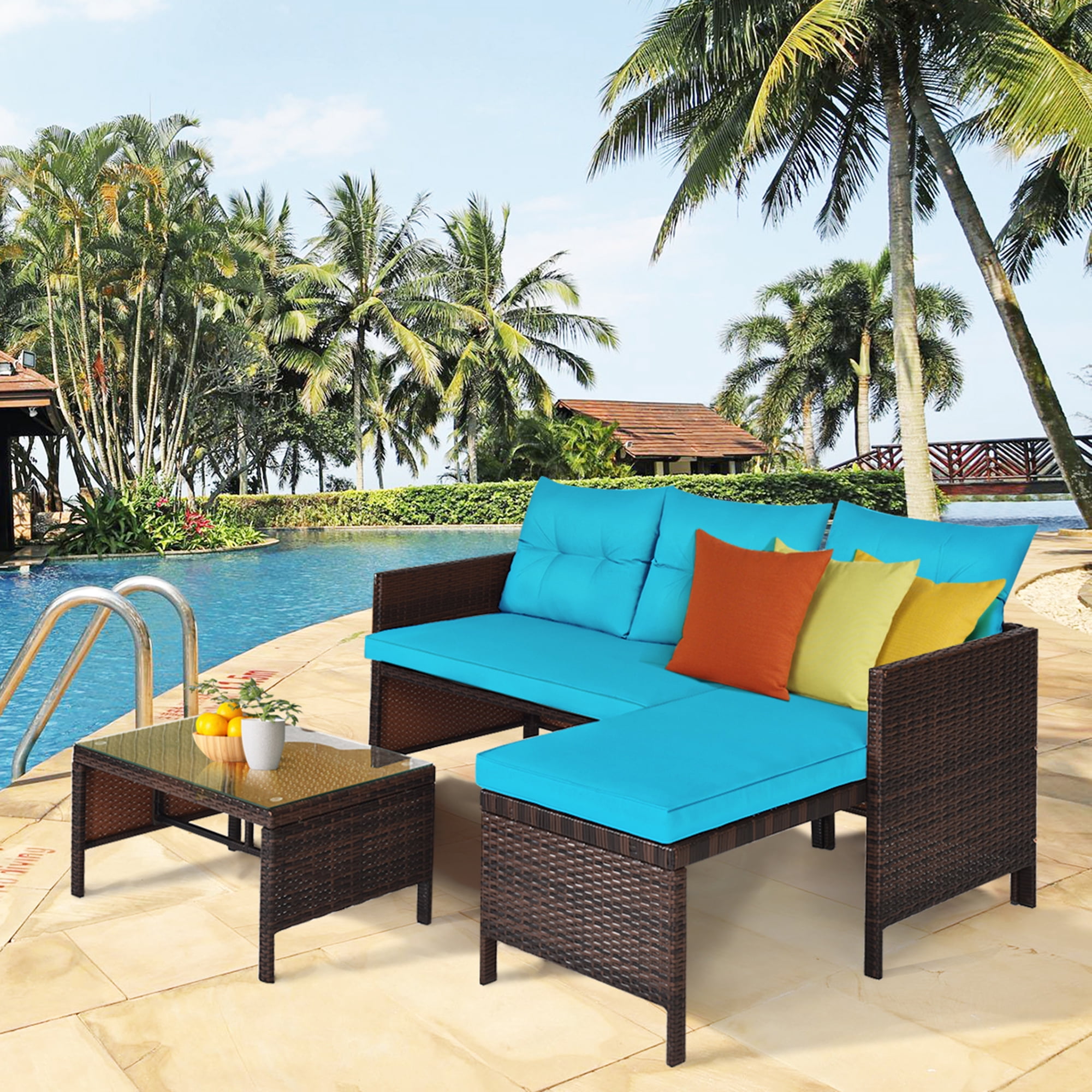 Gymax 3PCS Patio Rattan Sofa Set Outdoor Furniture Couch Set w/ Cushion Turquoise