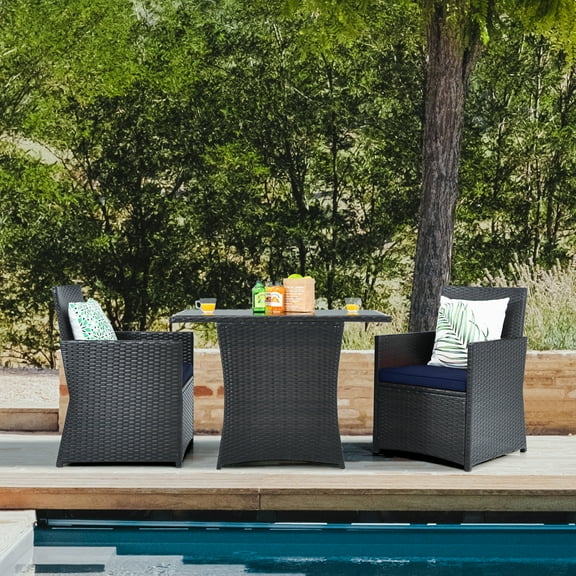 Gymax 3PCS Patio Wicker Bistro Set PE Rattan Dining Table Set w/ Navy Cushions