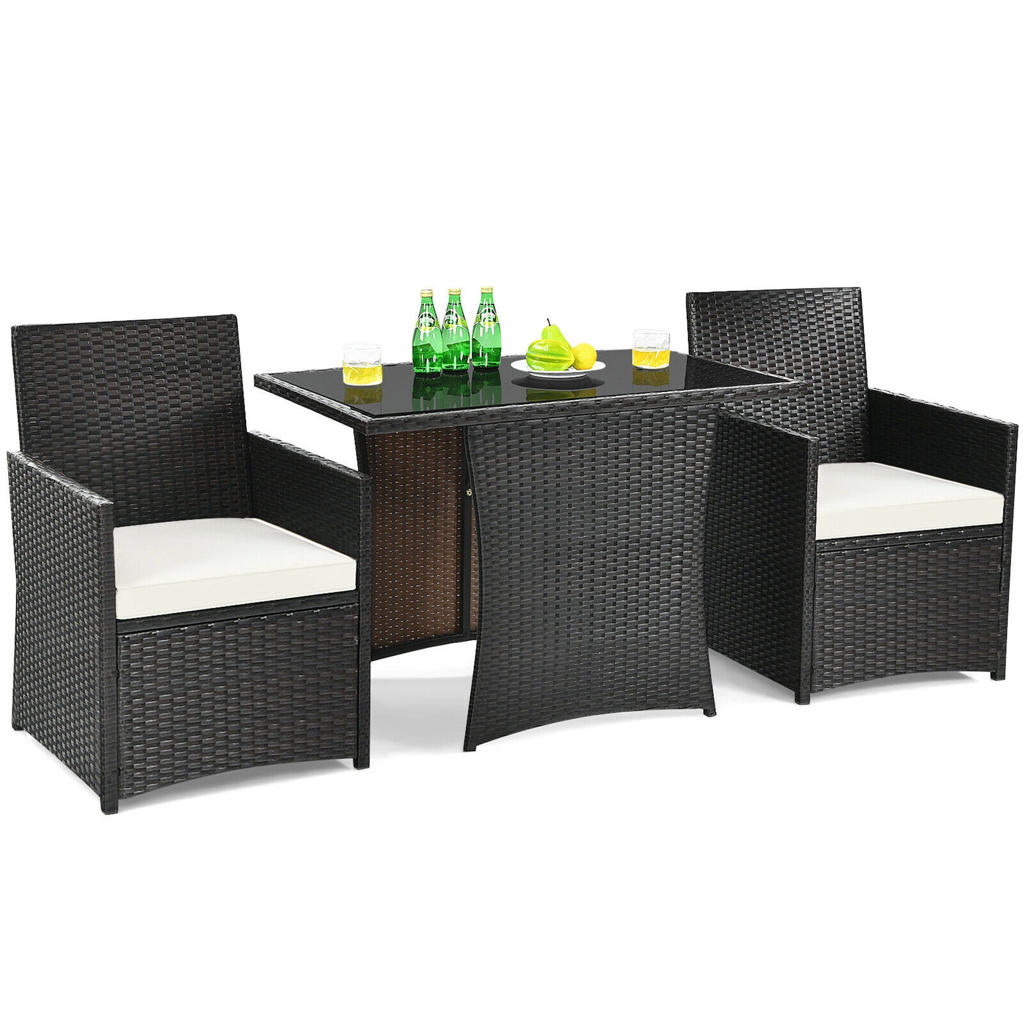 Gymax 3PCS Patio Wicker Bistro Set PE Rattan Dining Table Set w/ White Cushions