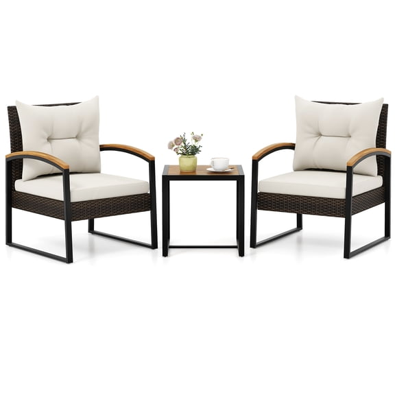 Gymax 3PCS Patio Wicker Furniture Set PE Wicker Furniture Conversation Set w/ Acacia Wood Table