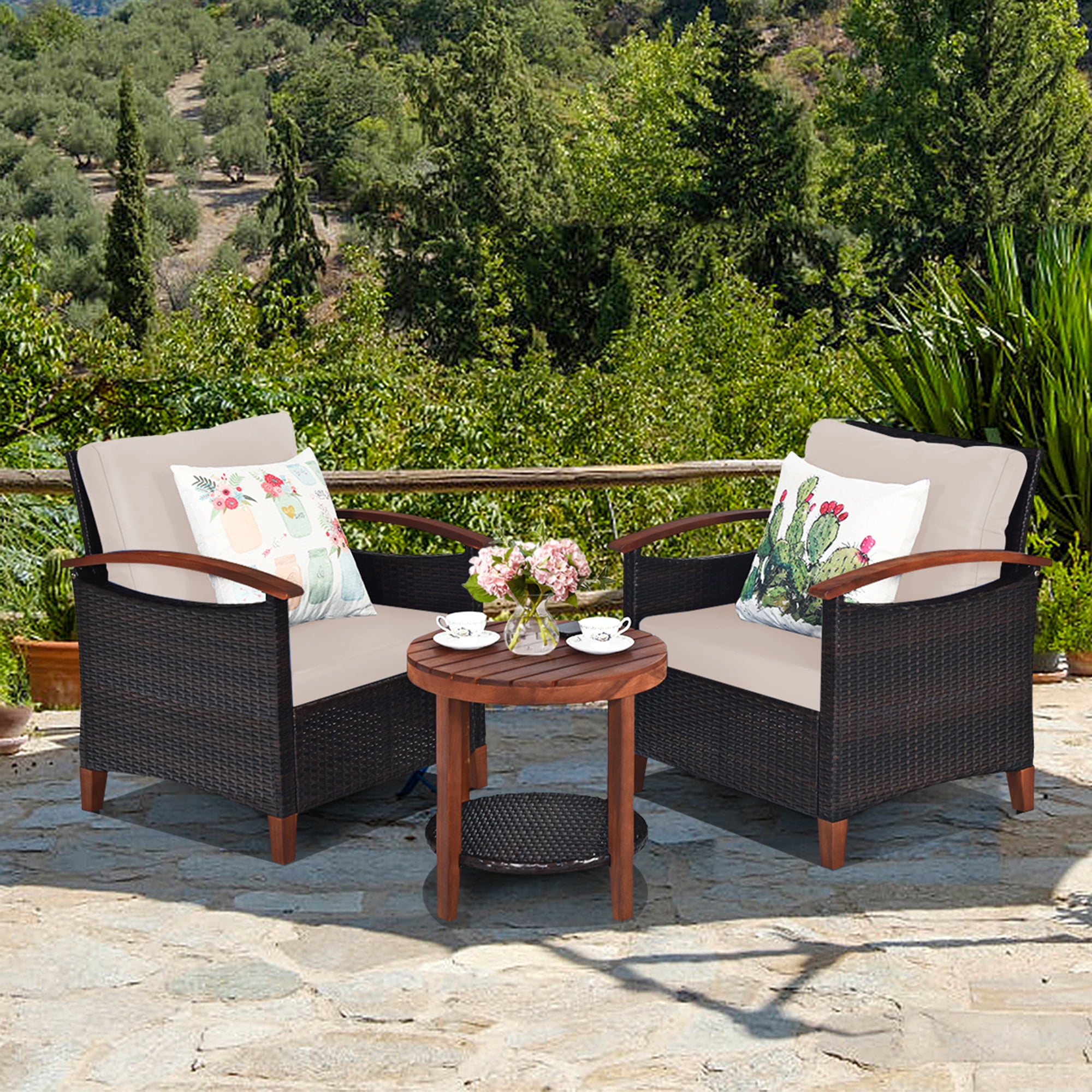 Gymax 3PCS Patio Wicker Rattan Conversation Set Ou