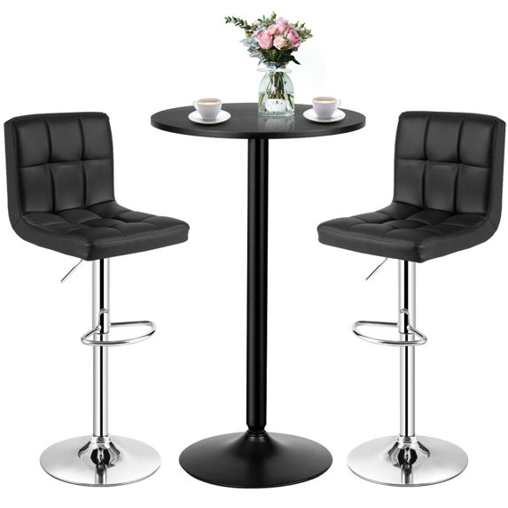 Gymax 3PCS Pub Table Set 24'' Round Bar Table & 2 Adjustable Bar Stools Black