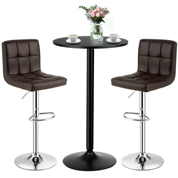 Gymax 3PCS Pub Table Set 24'' Round Bar Table & 2 Adjustable Bar Stools Brown
