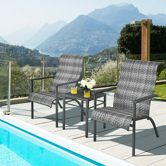 Gymax 3PCS Rattan Bistro Chair Set Patio Furniture Set W/Table Mix Gray