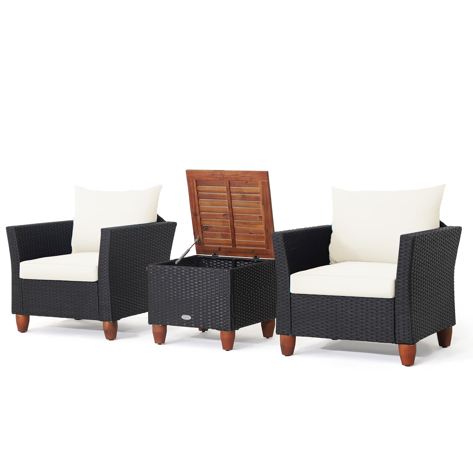 Gymax 3PCS Rattan Furniture Set Cushioned Sofa Storage Table W/ Wood Top Patio White