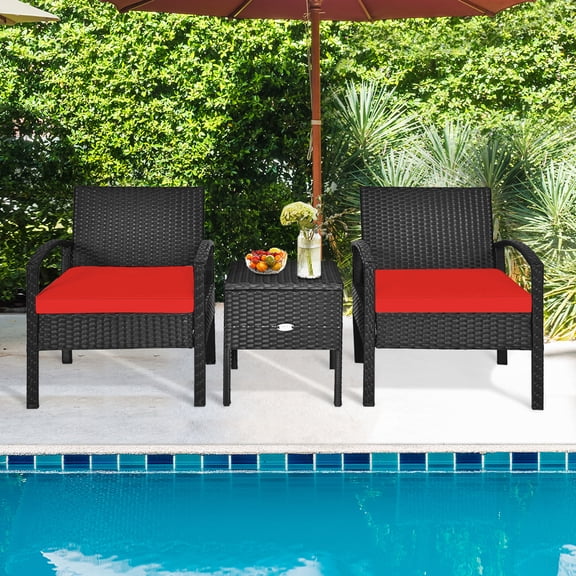 Gymax 3PCS Rattan Patio Conversation Furniture Set w/ Storage Table Red Cushion