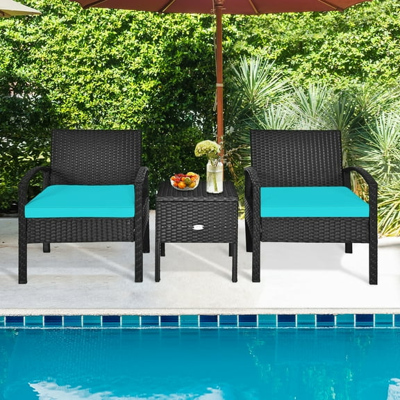 Gymax 3PCS Rattan Patio Conversation Furniture Set w/ Storage Table Turquoise Cushion