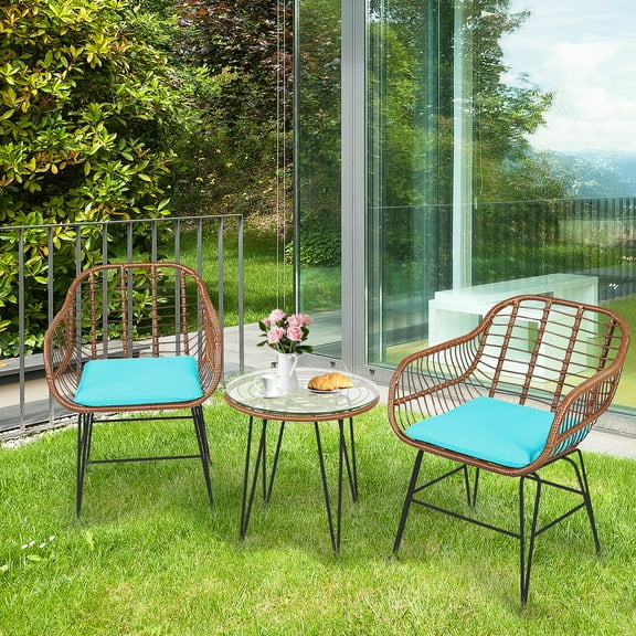 Gymax 3PCS Rattan Patio Conversation Set Bistro Chat Set w/ Turquoise Cushions