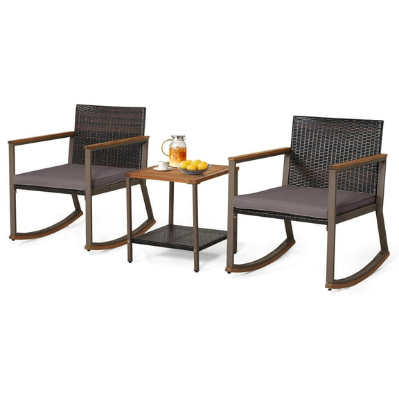 Gymax 3PCS Rattan Rocking Chair Bistro Set Armrest Cushion Table W/ Storage Shelf Patio