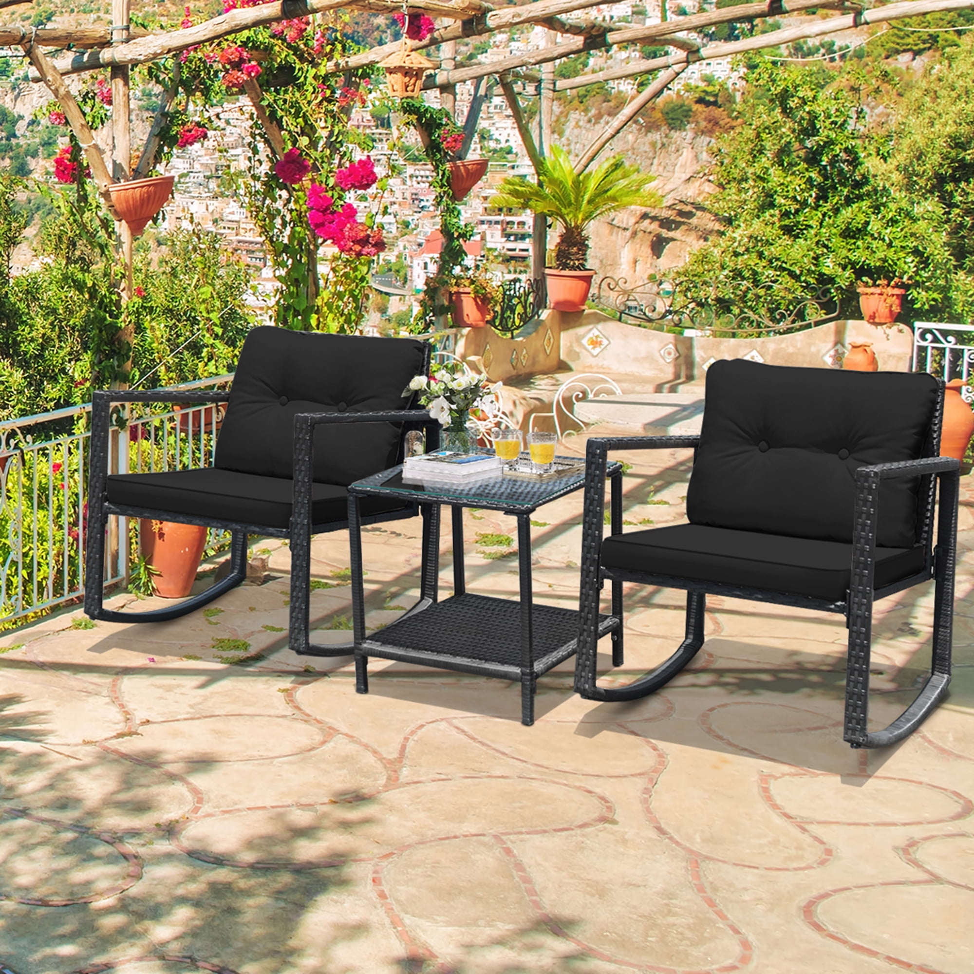 Gymax 3PCS Rattan Rocking Chair Set w/ Black Cushions - Walmart.com
