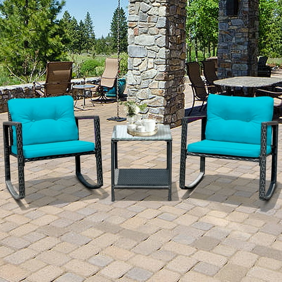Gymax 3PCS Rattan Rocking Chair Table Set Patio Furniture Set w/ Blue Cushions