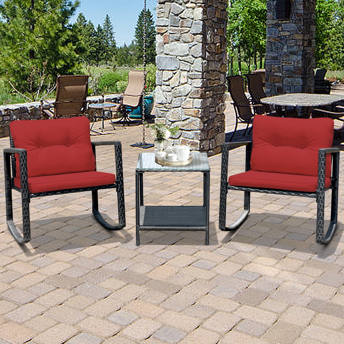 Gymax 3PCS Rattan Rocking Chair Table Set Patio Furniture Set Burgundy Cushions