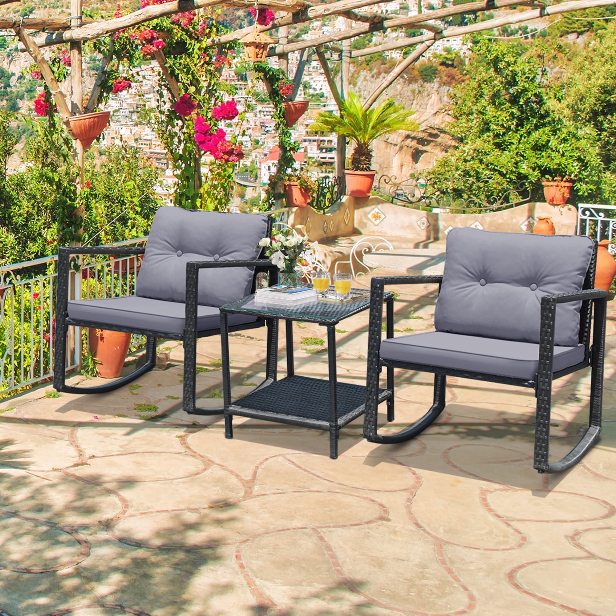 Gymax Outdoor Rockers 3PCS Rattan Set for Front Porch & Backyard with ...