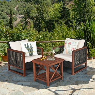 Gymax 3PCS Rattan Wicker Patio Conversation Set Outdoor Furniture Set w/ Cushion