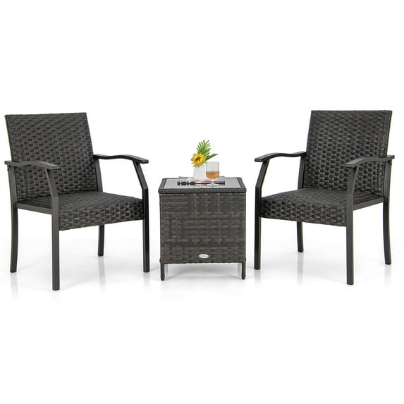 Gymax 3PCS Weather Resistant Conversation Set Wicker Chair Tempered Glass Table Quick Dry Foam Patio