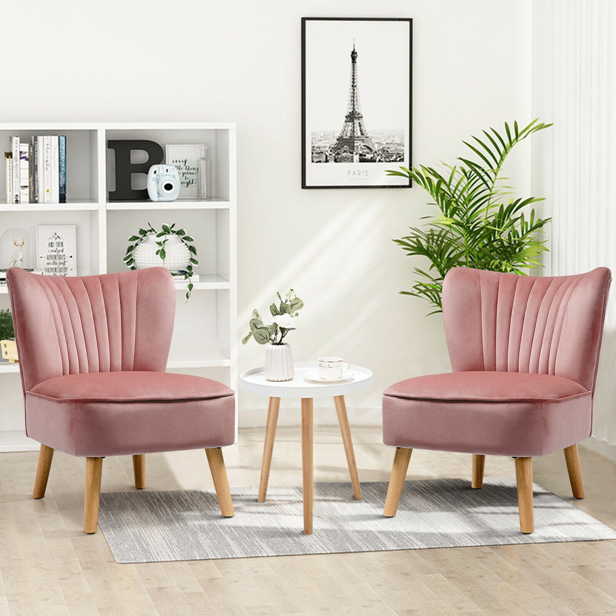 Gymax 3pcs Armless Velvet Sofa & Round Table Accent Chairs & End Table Set