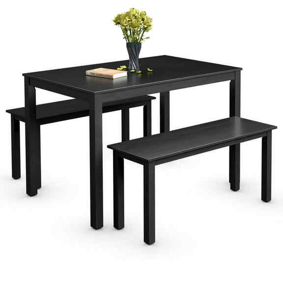 Gymax 3pcs Dining Set Modern Studio Collection Table with 2 Benches Wood Legs Black