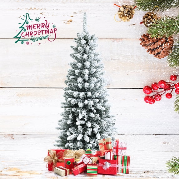 Gymax 4.5 FT Artificial Slim Christmas Tree Unlit Snow-Flocked Xmas Pencil Tree