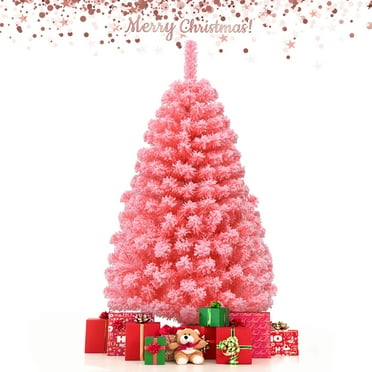 Gymax 4.5 FT Artificial Snow Flocked Pink Christmas Tree Unlit Xmas PVC Tree