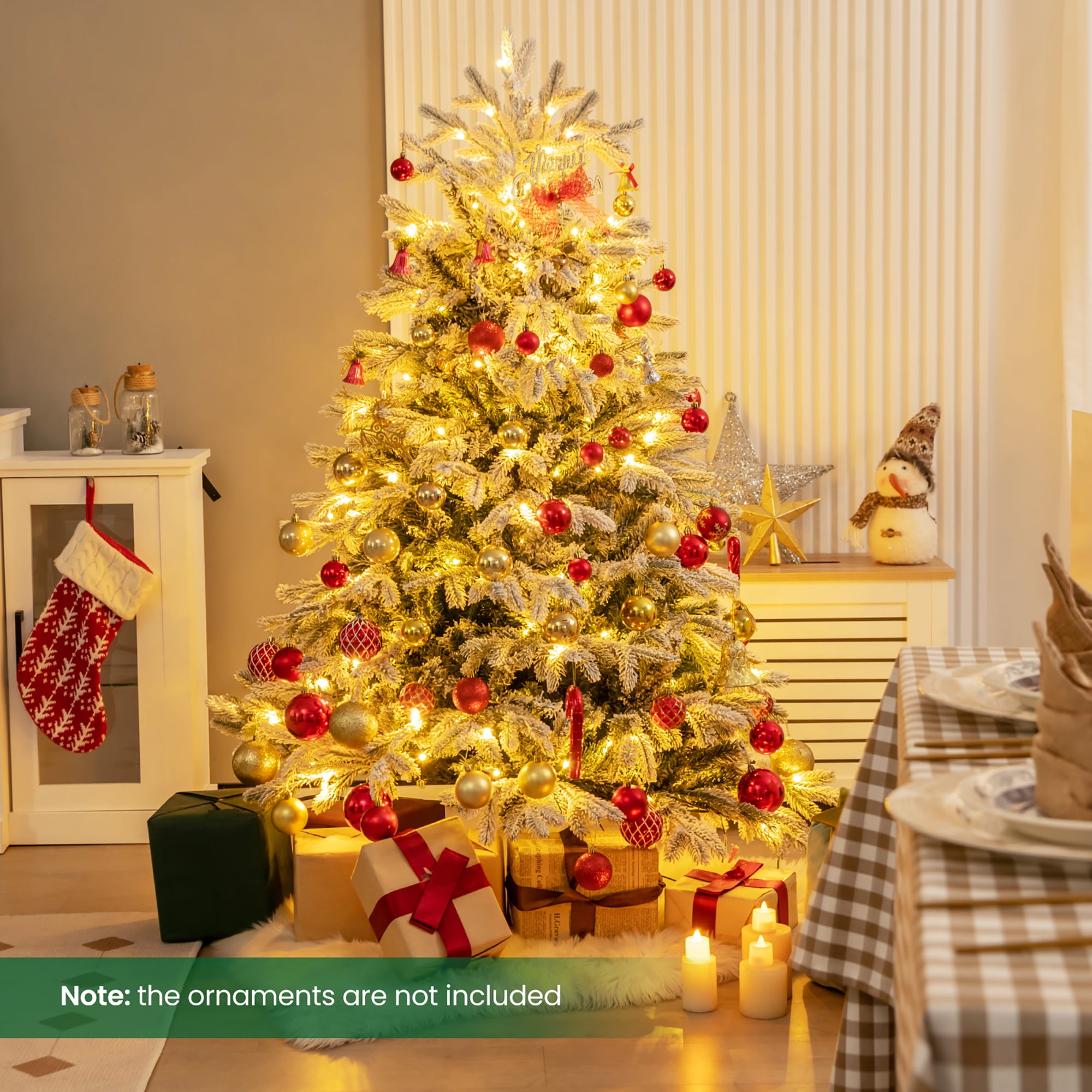 Gymax 4.5 FT PreLit SnowFlocked Artificial Christmas Tree Hinged