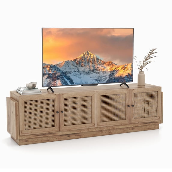 Gymax 4-Door PE Rattan Media Console Table Farmhouse TV Stand for TVs up to 75'' Oak