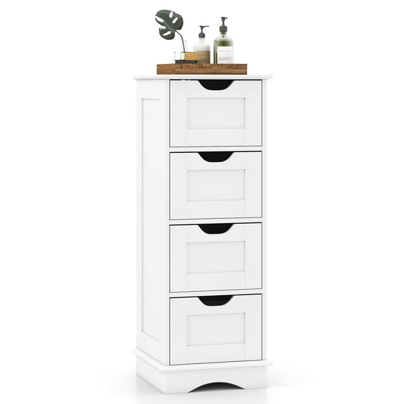 Gymax 4-Drawer Bathroom Cabinet w/Cut-out Handles Anti-toppling Device Narrow Entryway White