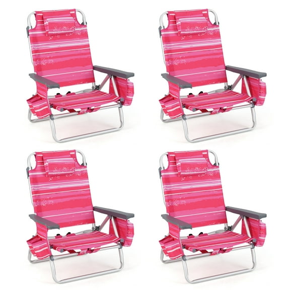 Gymax 4 PCS Beach Chair 5-Position Outdoor Reclining Chairs w/ Head Pillow & Storage Bag Pink