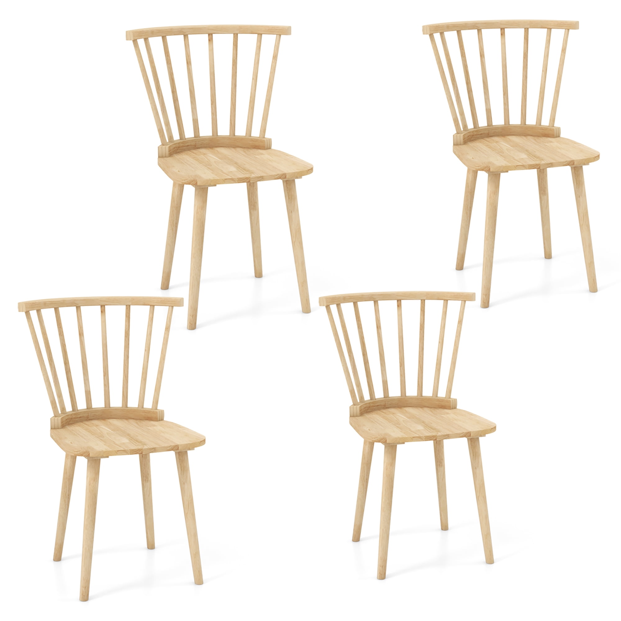 Natural Rubber Wood High Back Windsor Dining Chairs, Set of 4