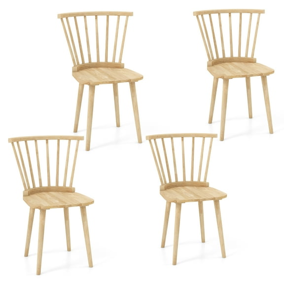 Gymax 4 PCS Dining Chair Windsor High Spindle Back Wood Kitchen Chairs w/ Rubber Wood Frame Natural