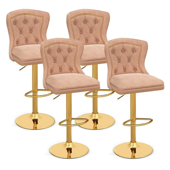 Gymax 4 PCS Dutch Velvet Bar Stool w/ Footrest Electroplated Metal Base & Anti-Slip Ring Pink