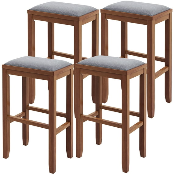 Gymax 4 PCS Upholstered Wooden Bar Stools Bar Height Chairs Dining Walnut