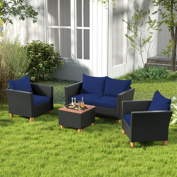 Gymax 4 PCS Wicker Patio Furniture Set w/ Removable Cushions Storage Coffee Table Navy