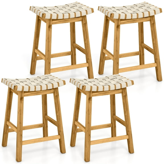 Gymax 4 PCS Woven Saddle Stools 25.5'' Faux PU Leather Counter Height Kitchen Stool