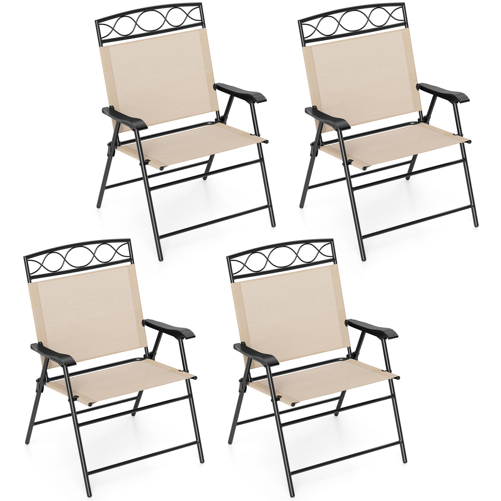 Gymax 4 Pack Patio Folding Chairs w/ Backrests & Armrests Metal Frame Outdoor Beige