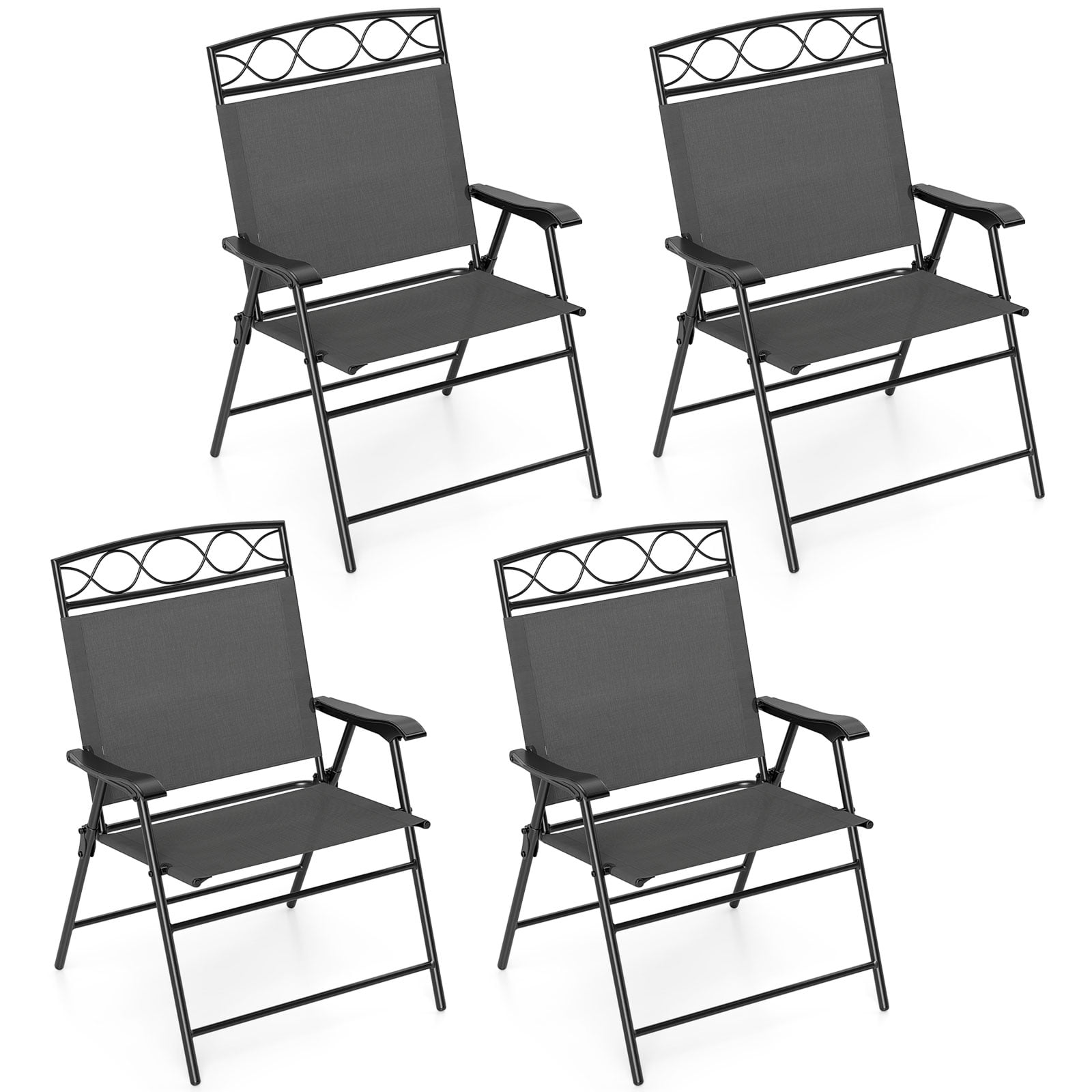 Gymax 4 Pack Patio Folding Chairs w/ Backrests & Armrests Metal Frame Outdoor Gray