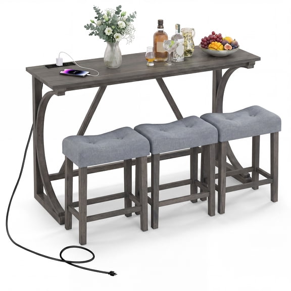 Gymax 4-Piece Farmhouse Bar Table Set w/Power Outlet 3 Upholstered Stools for Kitchen