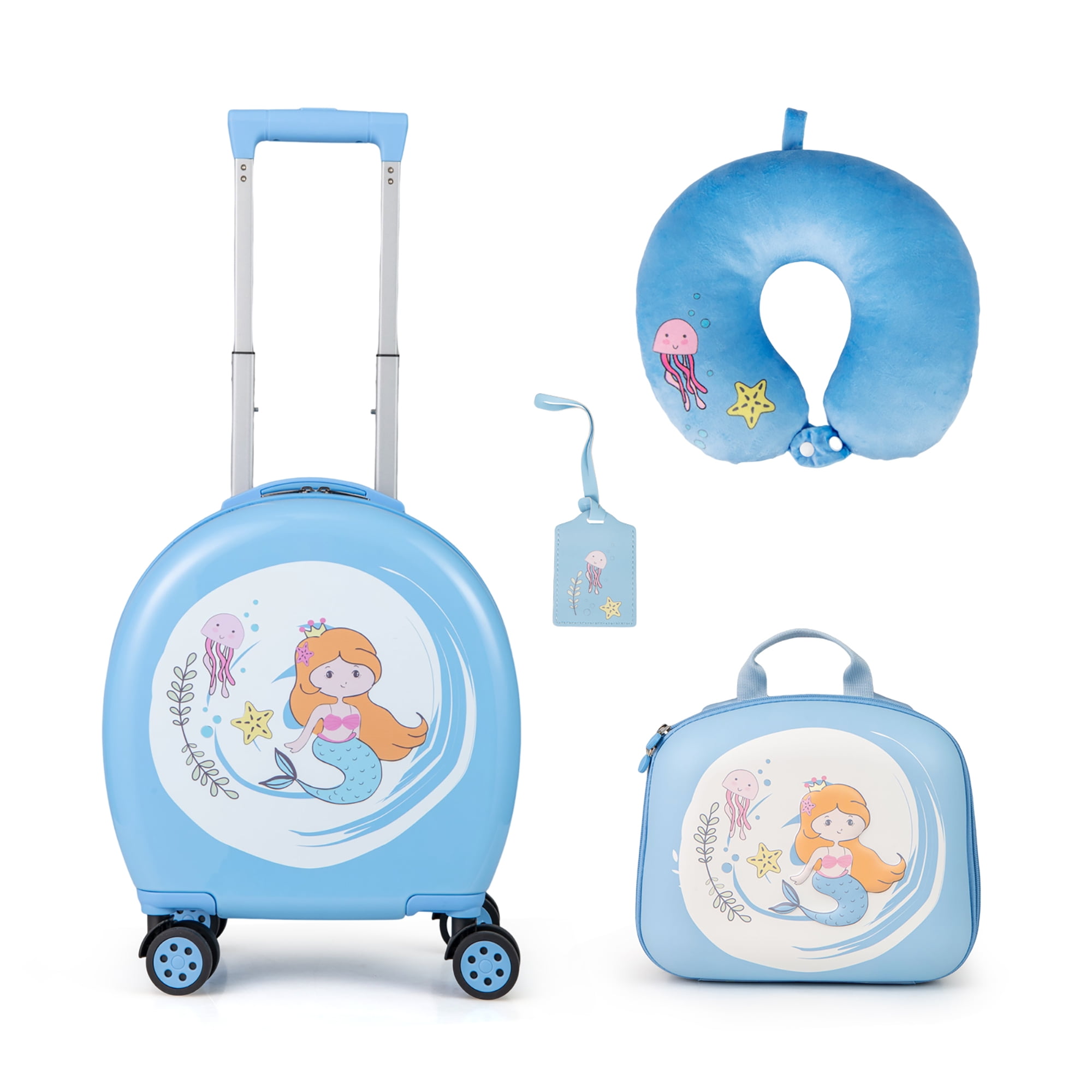 Gymax 4-Piece Kid's Luggage Set w/ 14'' Carry-on Hardside Spinner Toddler Luggage Blue