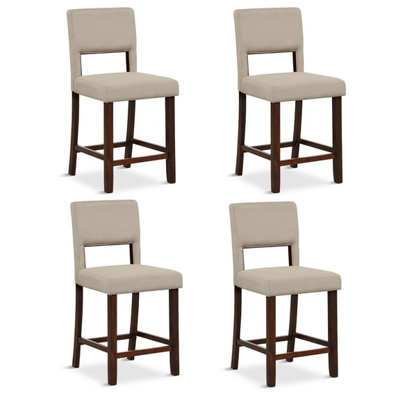 Gymax Linen Fabric Counter Height Bar Stool Set with Rubber Wood Legs, Beige/Brown (Set of 4)