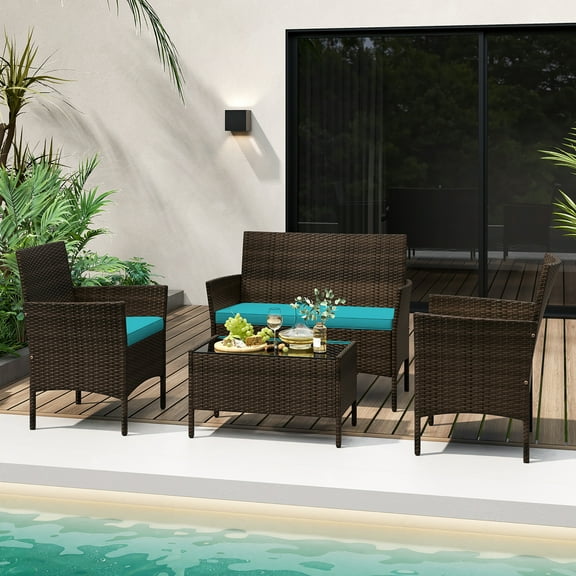 Gymax 4 Piece Patio Rattan Conversation Set Wicker Furniture Set w/ Chair Loveseat Outdoor