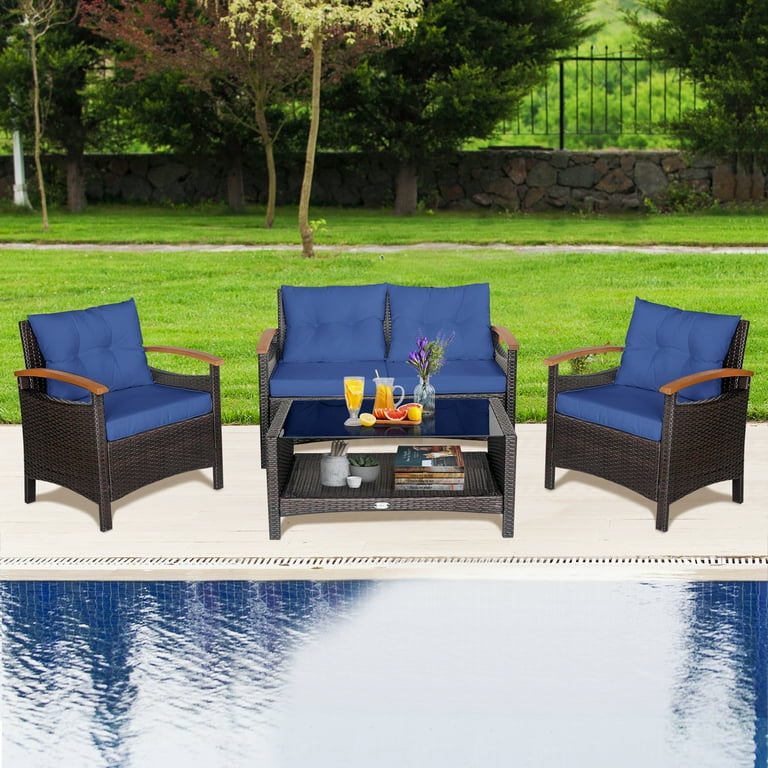 Gymax 4 Piece Patio Rattan Furniture Set w Cushioned Sofa and Coffee Table Navy