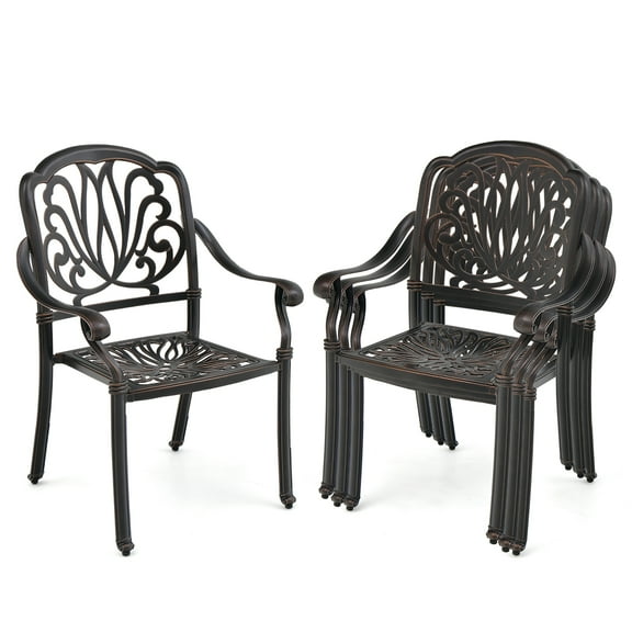 Gymax 4 Pieces Cast Aluminum Chairs Set of 2 Stackable Patio Dining Chairs w/ Armrests