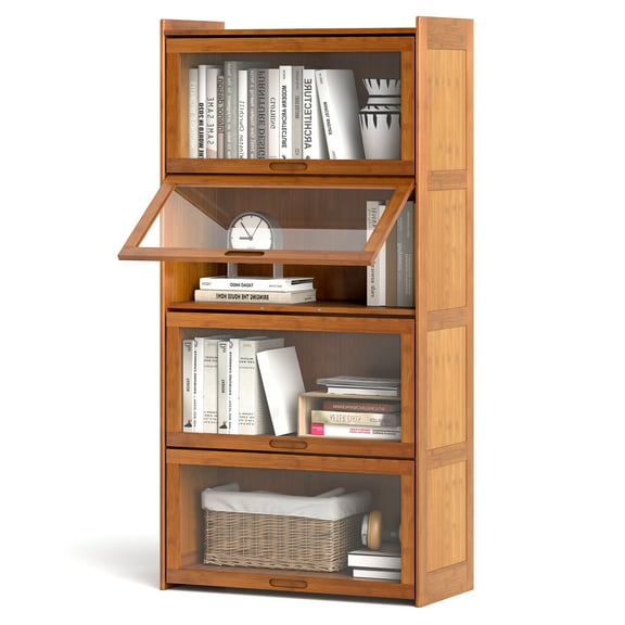 Gymax 4-Tier Bamboo Bookshelf w/Doors See-through Acrylic Doors Freestanding Bookcase Brown
